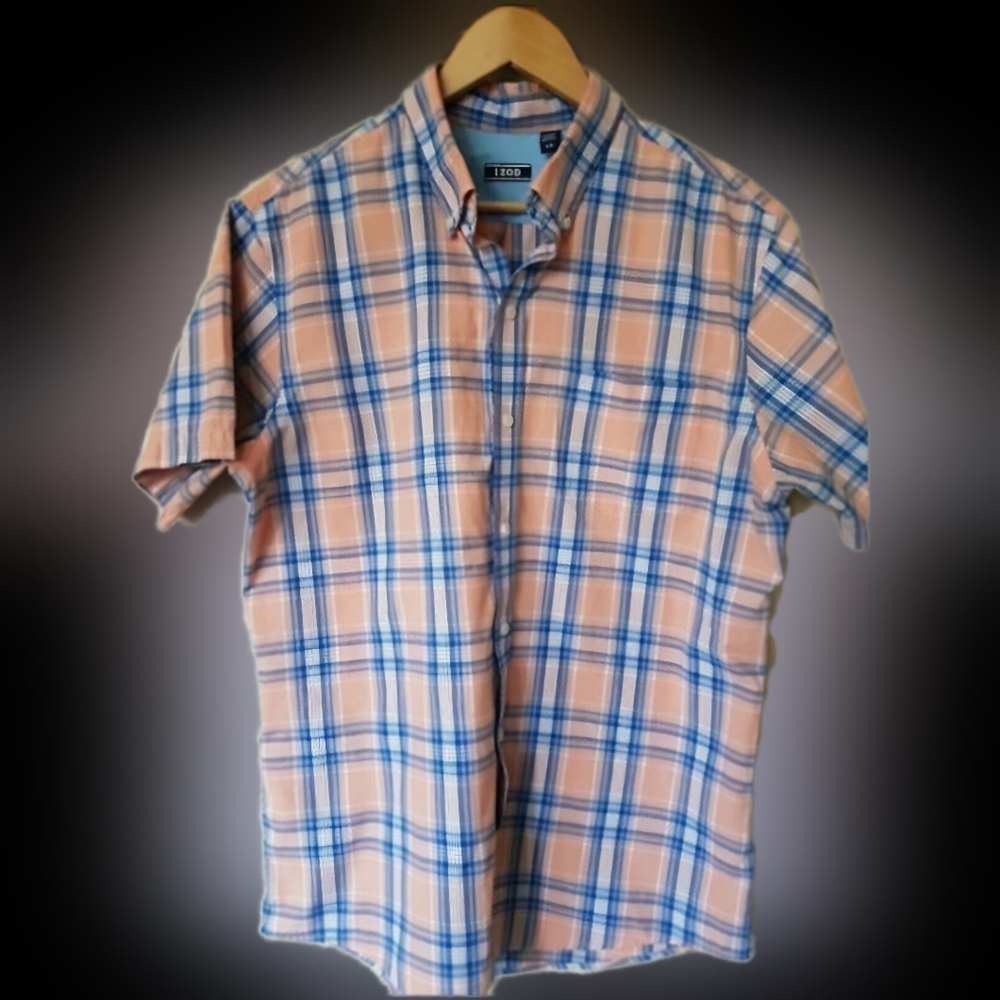 Men's Pink Izod Plaid Button Down Short Sleeve summer Shirt L